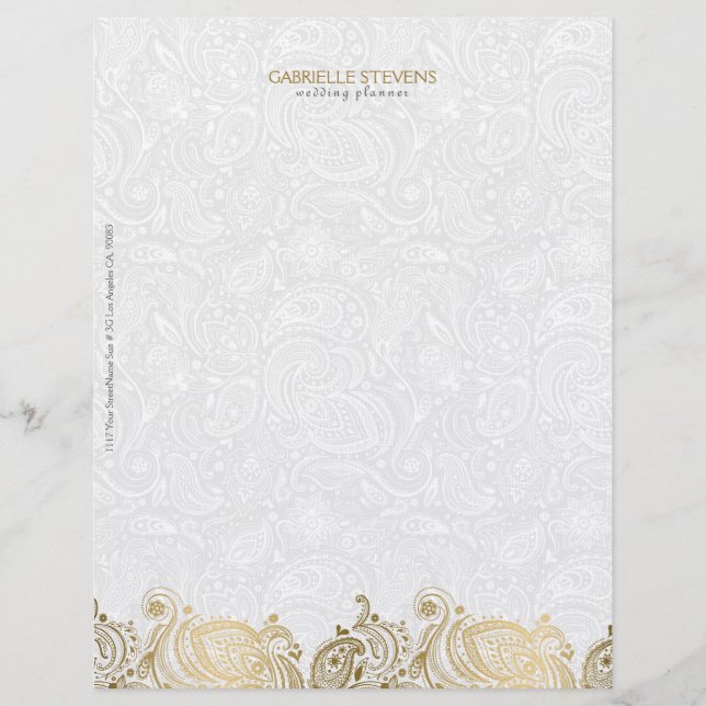 Elegantes Gold und Weiß Paisley Lace Briefkopf (Vorderseite)