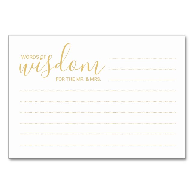 Elegantes Gold und weiße Hochzeiten Worte der Weis Tischnummer (Vorderseite)