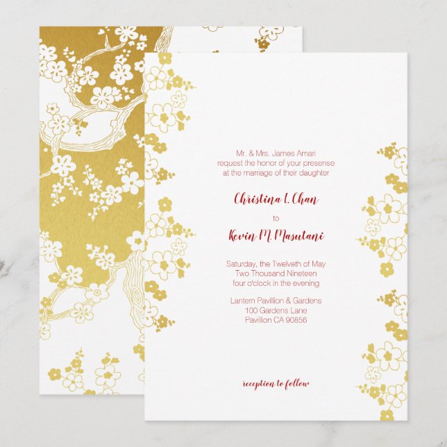 Elegantes Gold und weiße Kirschblüte Orientale Einladung (Vorne/Hinten)