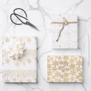 Elegantes Gold und weiße Schneeflocken Weihnachten Geschenkpapier Set