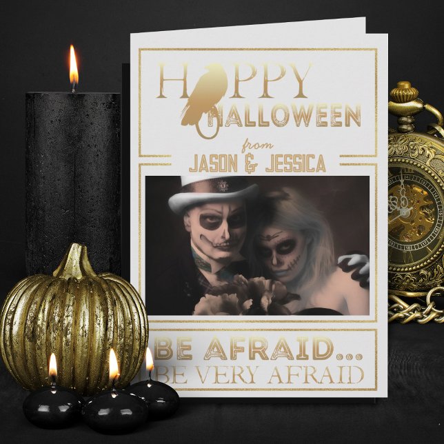 Elegantes Gold und White Chic Adult Happy Hallowee Karte (Elegant white and gold Halloween greeting card with photo)