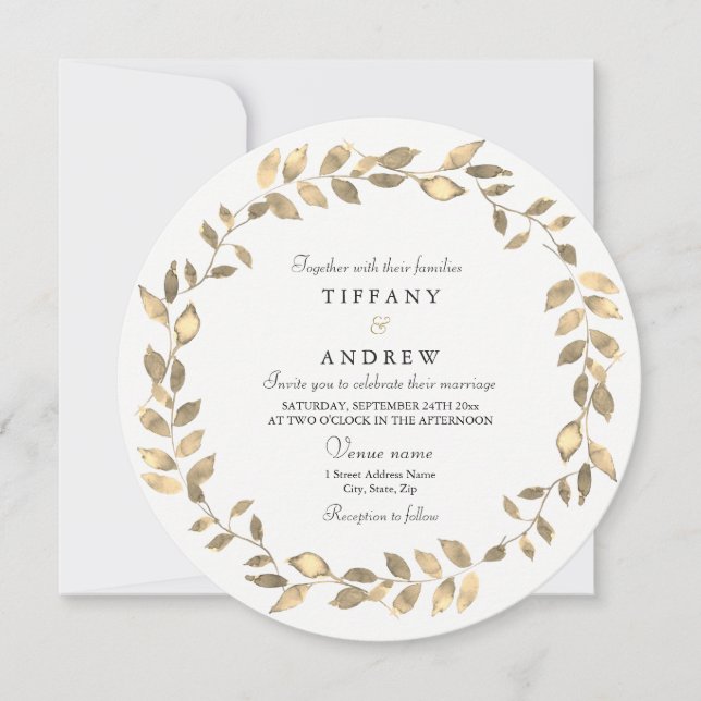 Elegantes Gold Verlass Wreath Moderne Hochzeit Ein Einladung (Vorderseite)