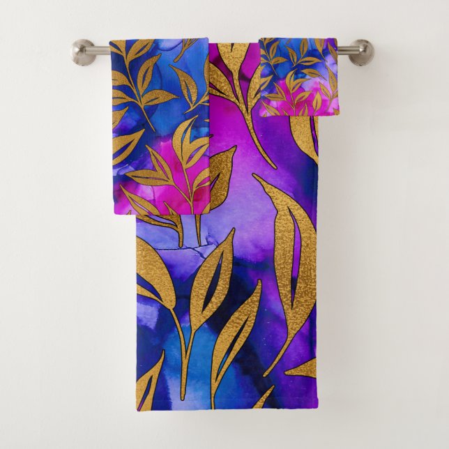 Elegantes Gold Verlasse Lila blaues Muster Badhandtuch Set (Insitu)