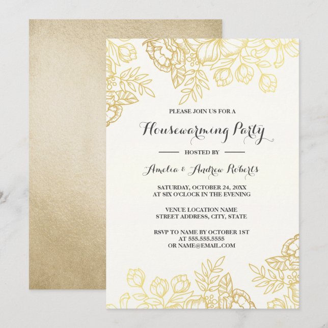 Elegantes Gold Vintages Blumenhaus Party Einladung (Vorne/Hinten)