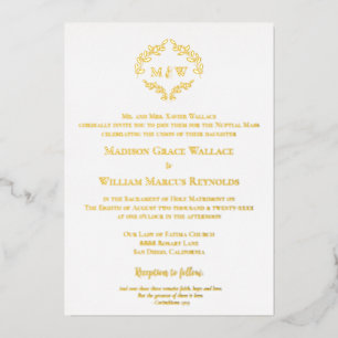 Elegantes Gold & Wappen Moderne katholische Hochze Folieneinladung