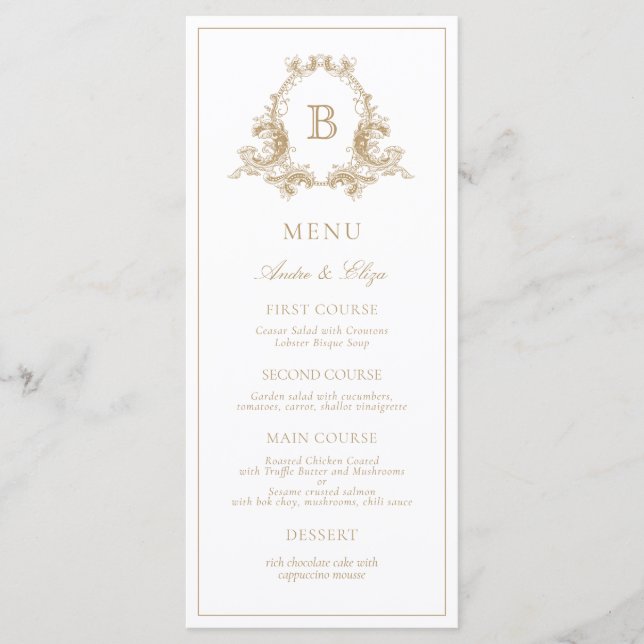 Elegantes Gold Wappen Monogram Wedding Menu Menükarte (Vorderseite)