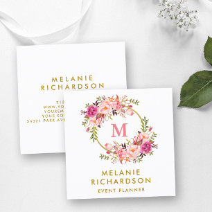Elegantes Gold-Wasserfarben-Rosa-Floral-Monogramm Quadratische Visitenkarte
