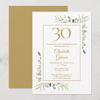 Elegantes Gold Watercolor Grün 30. Geburtstag Einladung