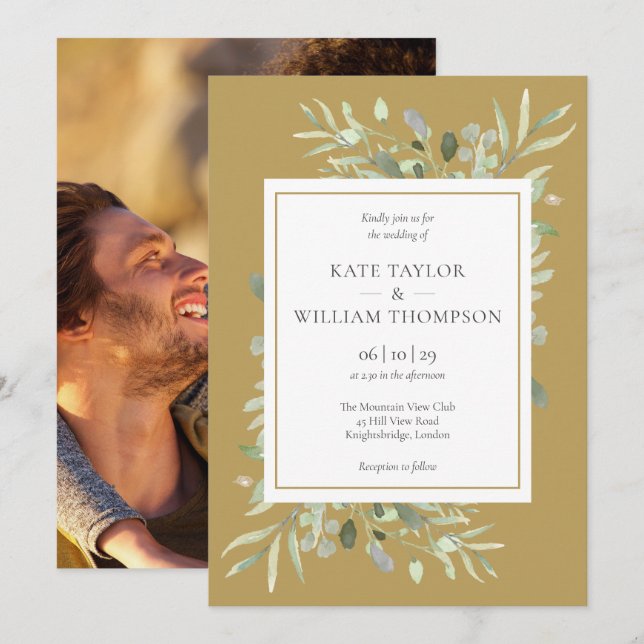 Elegantes Gold Watercolor Grünes Foto Hochzeit Einladung (Vorne/Hinten)