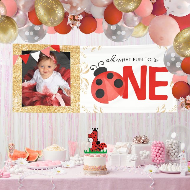 Elegantes Gold Watercolor Ladybug ONE Foto Party Banner (Oh What Fun to Be ONE Watercolor Ladybug Hanging Photo Birthday Vinyl Banner with Gold Accents)