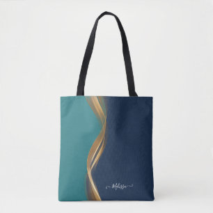 Elegantes Gold Wave Blue Aquamarin mit Name Tasche