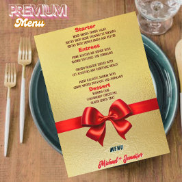 Elegantes Gold Wedding Menu mit Rotem Band & Foto Menükarte