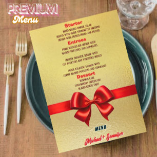 Elegantes Gold Wedding Menu mit Rotem Band & Foto Menükarte