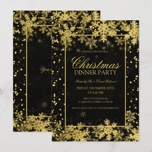 Elegantes Gold Weihnachts Party Winterschneeflocke Einladung (Vorne/Hinten)
