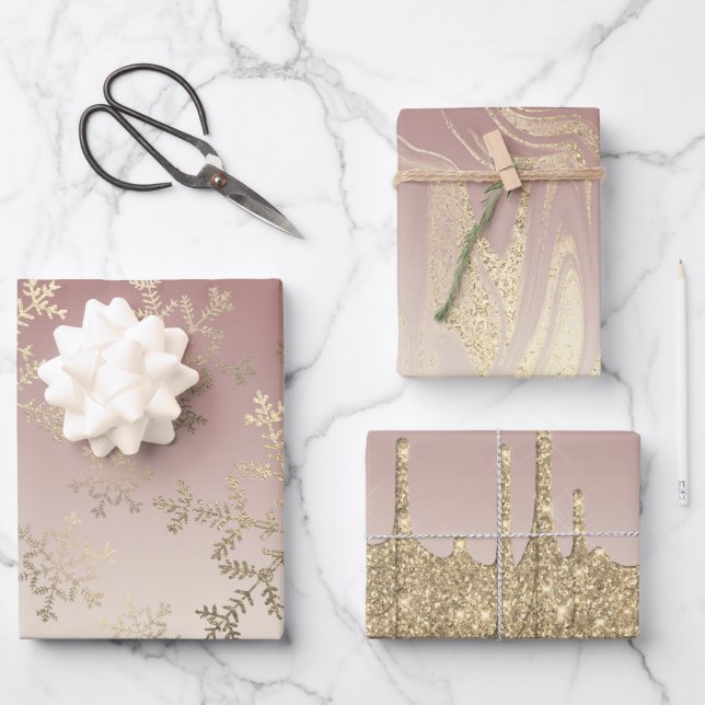 Elegantes Gold Weihnachts-Schneeflockenmuster Driv Geschenkpapier Set (Vorderseite)