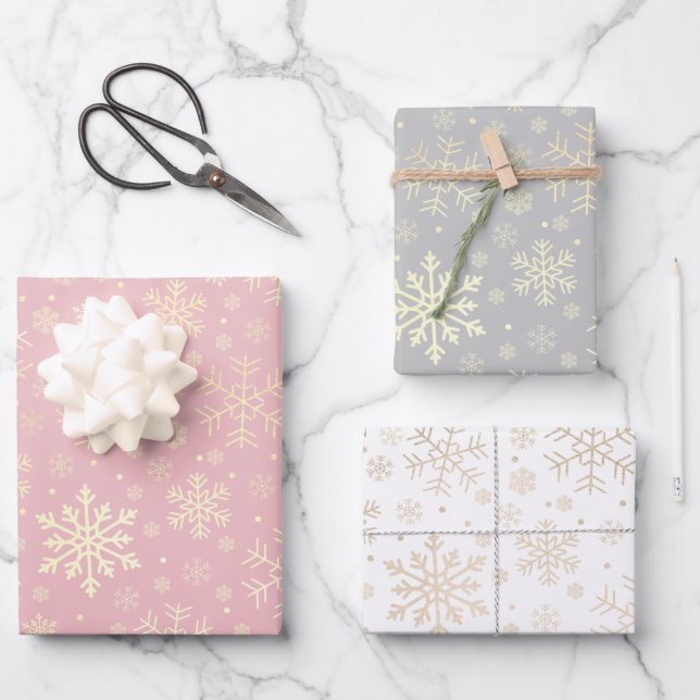 Elegantes Gold Weihnachts-Schneeflockenmuster Geschenkpapier Set (Vorderseite)