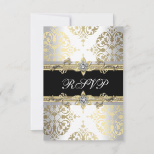 Elegantes Gold Weiß Schwarz Damast RSVP Karte