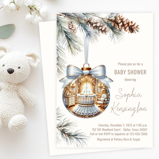 Elegantes Gold Weißes Ornament Weihnachtsdusche Einladung (Tree ornament baby shower invitation with glass ornament with beautiful white and gold nursery scene)