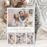 Elegantes Gold White 4 Foto Collage Weihnachten<br><div class="desc">Minimalistische, elegante Calligraphie 4 Foto Collage Frohe Weihnachtsschrift White and Gold Holiday Card. Dieses festliche, einfache, skurrile vier (4) Foto-Urlaubskarten-Template verfügt über eine hübsche Foto-Collage und sagt "Frohe Weihnachten"! Der "Frohe Weihnachten"-Grußtext ist in einer schönen Hand geschrieben Wirble Swash-Schwanz-Schriftart-Typ in Gold auf weißem Hintergrund. Auf der Rückseite mit Ihrer Grußbotschaft...</div>
