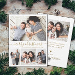 Elegantes Gold White 4 Foto Collage Weihnachtsfeie Feiertagskarte<br><div class="desc">Minimalistische, elegante Kalligrafie White und Gold 4 FotoCollage Frohe Weihnachts-Script-Urlaubskarte. Dieses festliche, einfache, skurrile vier (4) Foto-Urlaubskarten-Template verfügt über eine hübsche Foto-Collage und sagt "Frohe Weihnachten"! Der "Frohe Weihnachten"-Grußtext ist in einer schönen Hand geschrieben Wirble Swash-Schwanz-Schriftart-Typ in Gold auf weißem Hintergrund. Auf der Rückseite mit Ihrer Grußbotschaft-Vorlage mit einem kleinen...</div>