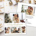 Elegantes Gold White 4 Foto Collage Weihnachtsfeie Feiertagskarte<br><div class="desc">Elegante Kalligrafie Minimalistisch White und Gold 4 FotoCollage Frohe Weihnachts-Script-Urlaubskarte. Dieses festliche, mimimalistische, skurrile vier (4) Foto-Urlaubskarte-Template zeigt eine hübsche Foto-Collage und sagt "Frohe Weihnachten und Glück im neuen Jahr"! Der "Frohe Weihnachten"-Grußtext ist in einer schönen Hand geschrieben Wirble Swash-Schwanz-Schriftart-Typ in Gold auf weißem Hintergrund. Auf der Rückseite mit einem...</div>