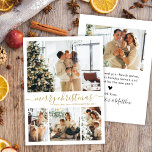 Elegantes Gold White 4 Foto Collage Weihnachtsfeie Feiertagskarte<br><div class="desc">Minimalistische, elegante Kalligrafie White und Gold 4 FotoCollage Frohe Weihnachts-Script-Urlaubskarte. Dieses festliche, einfache, skurrile vier (4) Foto-Urlaubskarten-Template verfügt über eine hübsche Foto-Collage und sagt "Frohe Weihnachten"! Der "Frohe Weihnachten"-Grußtext ist in einer schönen Hand geschrieben Wirble Swash-Schwanz-Schriftart-Typ in Gold auf weißem Hintergrund. Auf der Rückseite mit Ihrer Grußbotschaft-Vorlage mit einem kleinen...</div>