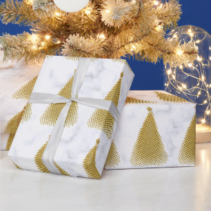 Elegantes Gold & White Marmor Weihnachtsbaummuster Geschenkpapier