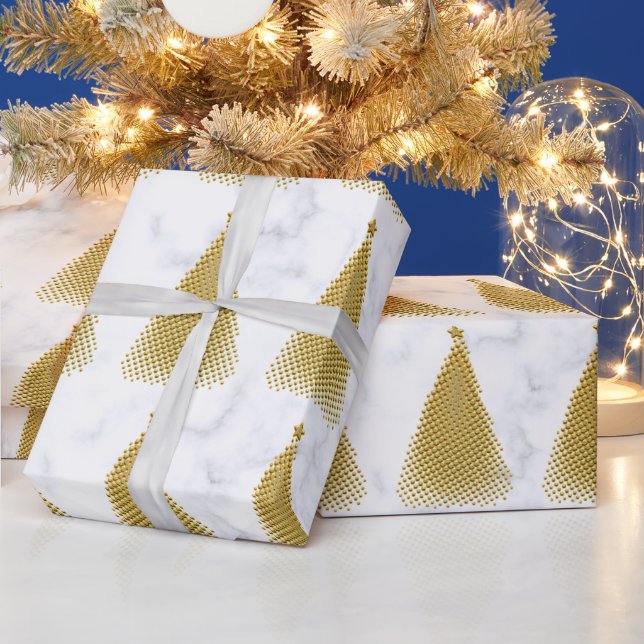 Elegantes Gold & White Marmor Weihnachtsbaummuster Geschenkpapier (Feiertage)