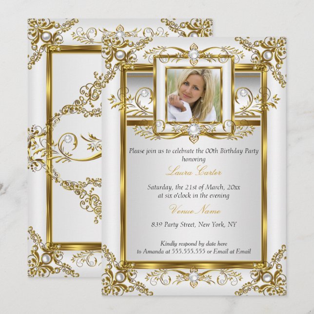 Elegantes Gold White Pearl Damask Foto Geburtstag  Einladung (Vorne/Hinten)