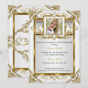 Elegantes Gold White Pearl Damask Foto Geburtstag  Einladung