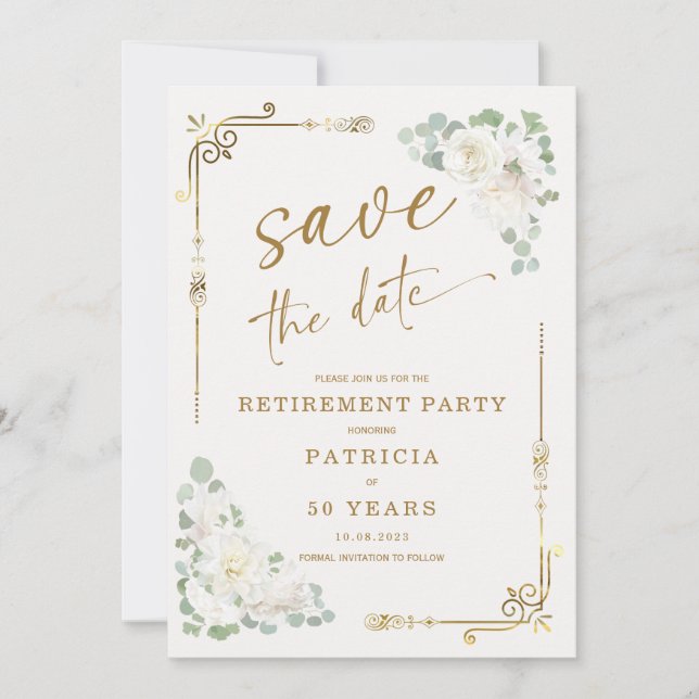 Elegantes Gold White Retirement Party Save the Dat Einladung (Vorderseite)