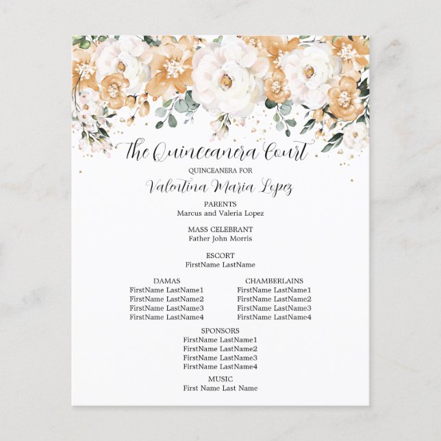 Elegantes Gold White Rose Floral Quinceanera Progr (Vorderseite)