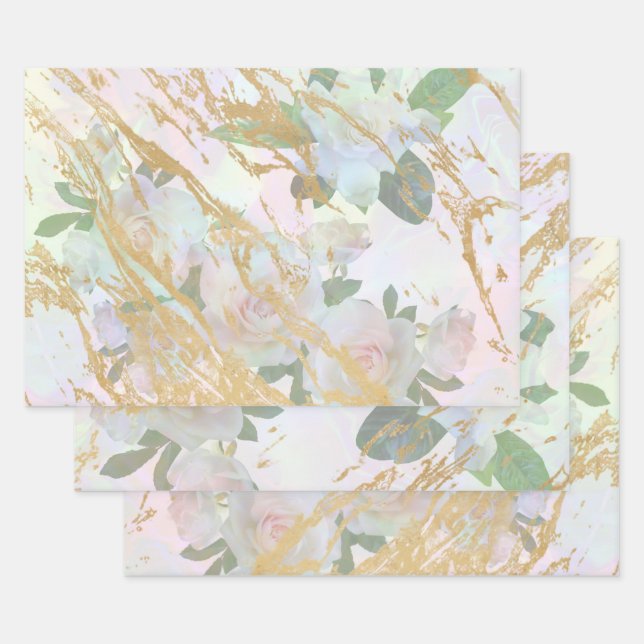 Elegantes Gold White Rose Silk Decoupage Design Geschenkpapier Set (Set)