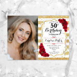Elegantes Gold White Rote Rosen Foto 50. Geburtsta Einladung<br><div class="desc">Elegante florale feminine 50. Geburtstagseinladung mit Ihrem Foto. Glam,  weiß und rot mit Imitaten Glitzer Gold. Enthält Streifen,  rote Rosen,  Skript-Schriftart und Konfetti. Ideal für ein stilvolles Party für Erwachsene. Personalisieren Sie Ihre persönlichen Daten. Kann für jedes Alter angepasst werden! Gedruckte Zazzle Einladungen oder Sofortdownload digitalen druckbaren Vorlage.</div>