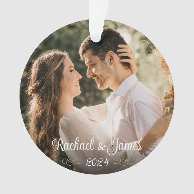 Elegantes Gold White Script Wedding Monogram Foto Ornament (Vorderseite)