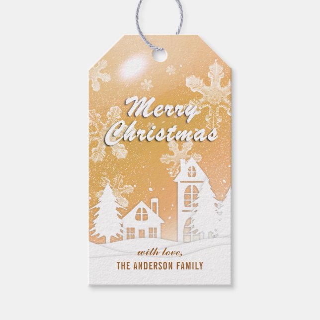 Elegantes Gold White Snow House Weihnachten Geschenkanhänger (Vorderseite)