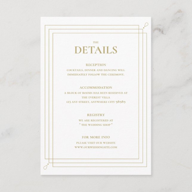 Elegantes Gold & White Wedding Details Begleitkarte (Vorderseite)