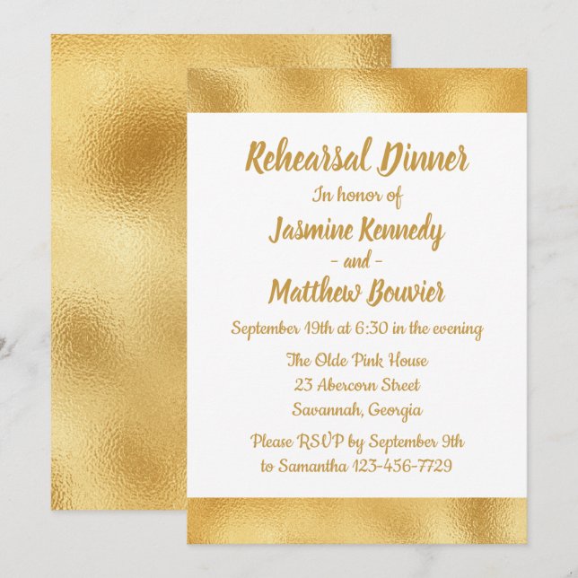 Elegantes Gold & White Wedding Probe Dinner Glam Einladung (Vorne/Hinten)