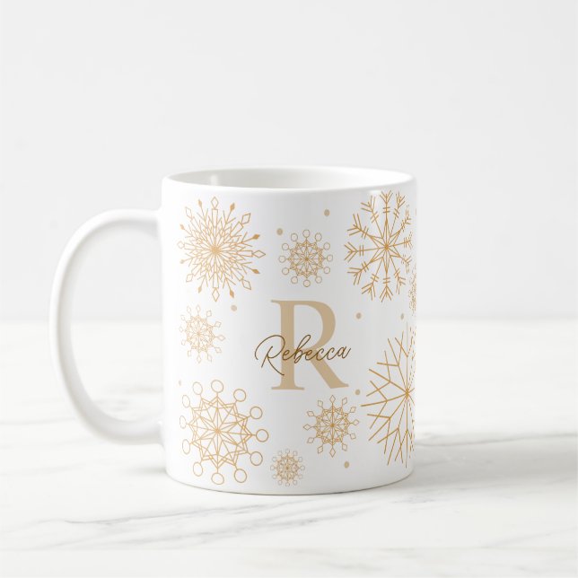 Elegantes Gold Winter Themed Snowflake Monogramm Kaffeetasse (Links)