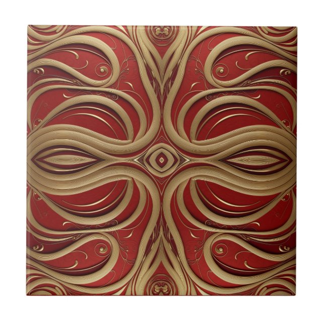 Elegantes Gold-Zierdesign im roten Hintergrund Fliese (Vorderseite)
