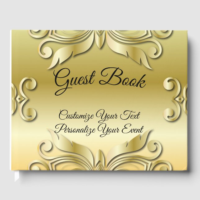 Elegantes Gold Zierdesign Schwarze Schrift Gästebuch (Vorderseite)