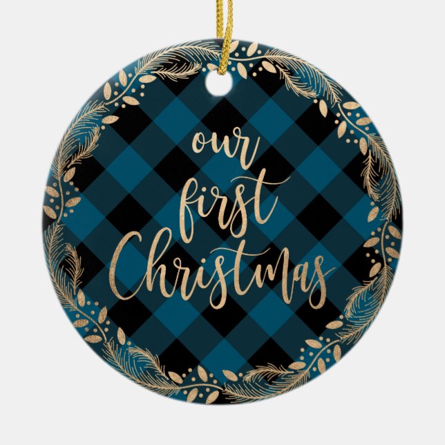 Elegantes Gold zu unseren ersten Weihnachten als M Keramik Ornament (Vorne)