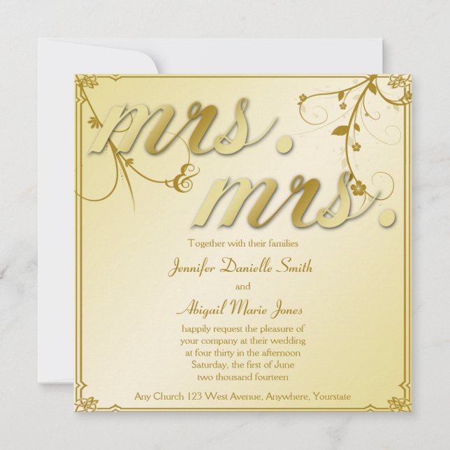 Elegantes Goldblumenfrau u. Frau Wedding Einladung (Vorderseite)