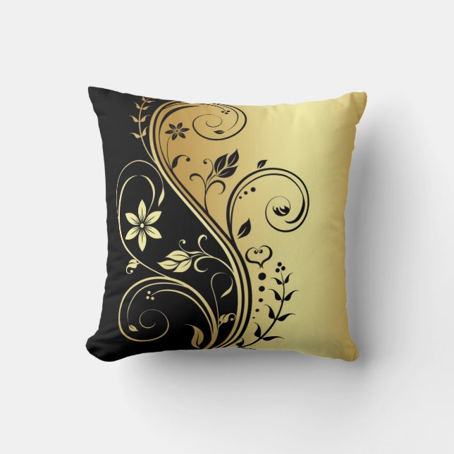 Elegantes Goldblumenrolle-Schwarz-Kissen Kissen (Vorderseite)