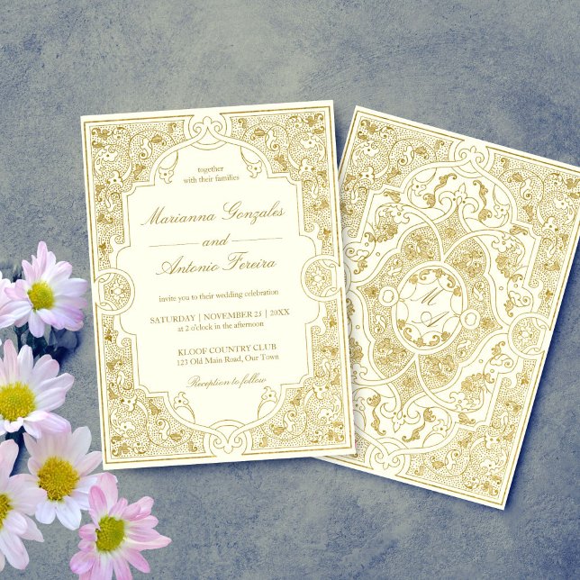 Elegantes Goldelfenbein Vintage verzierte Rahmenho Einladung (Elegant gold ivory vintage ornate frame wedding invitation template digital download antique chic)