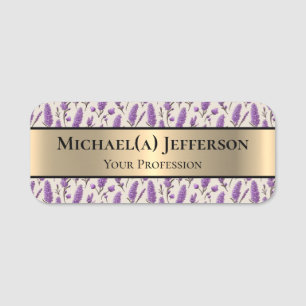 Elegantes Golden and Lavender Floral Pattern: Purp Namensschild