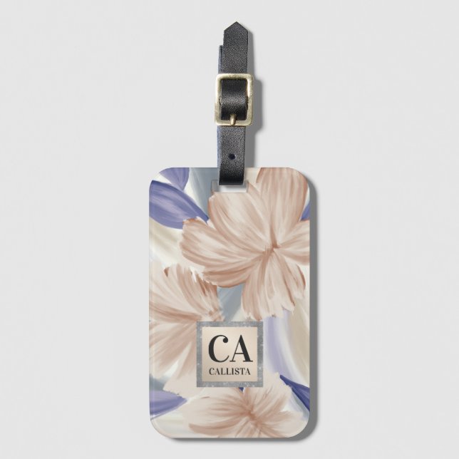 Elegantes Golden Blue Silver Floral Glitzer Monogr Gepäckanhänger (Vorderseite Vertikal)