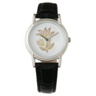 Elegantes golden-blumiges Leder Armbanduhr