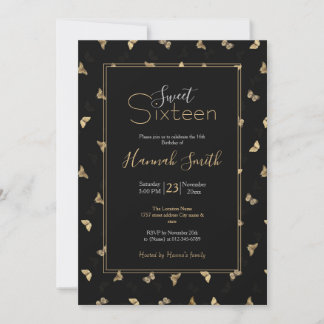 Elegantes Golden Butterflies Schwarzes Muster Einladung