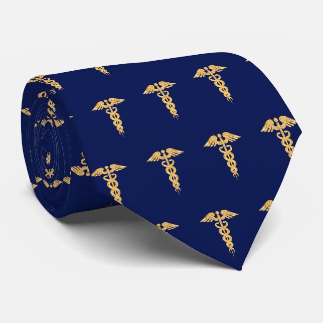 Elegantes Golden Caduceus Muster auf Navy Blue Nec Krawatte (Gerollt)